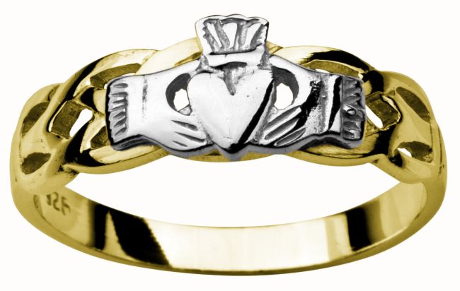 Ladies 14K Yellow & White Gold coated Silver Claddagh Celtic Ring