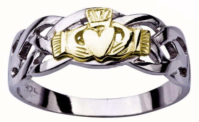 Mens White Yellow Gold Claddagh Celtic Wedding Ring