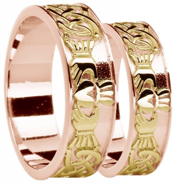 Ladies Rose & Yellow Gold Celtic Claddagh Band Ring 