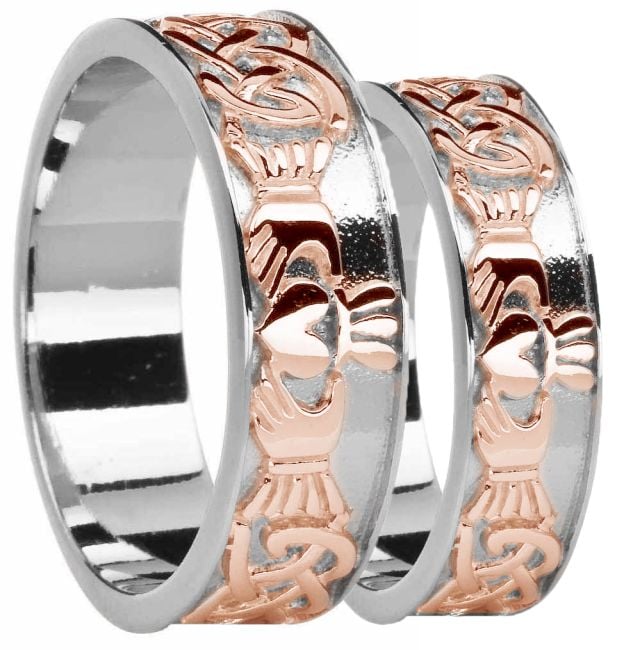 White & Rose Gold Celtic Claddagh Band Ring Set