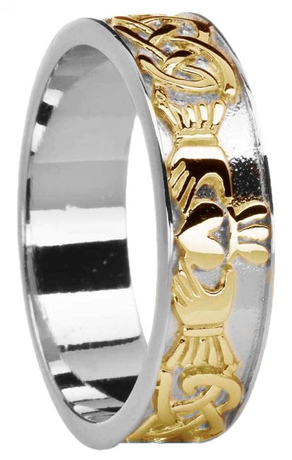 Ladies 14K White & Yellow Gold coated Silver Celtic Claddagh Band Ring 