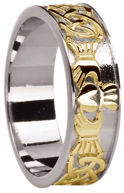 Mens 14K White Gold Silver Celtic Claddagh Ring