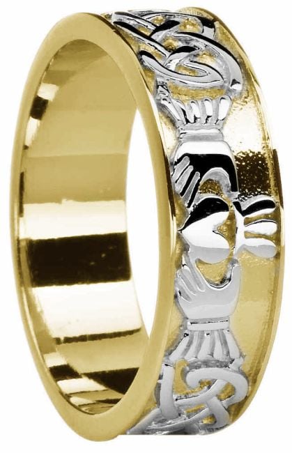 Mens Yellow & White Gold Celtic Claddagh Band Ring 