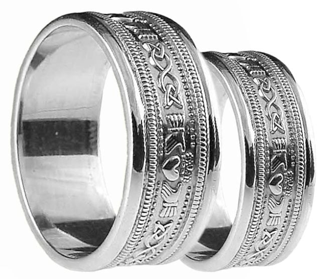 White Gold Claddagh Celtic Wedding Band Ring Set