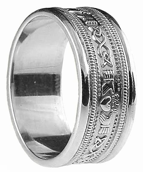 Mens White Gold Claddagh Celtic Wedding Band Ring 