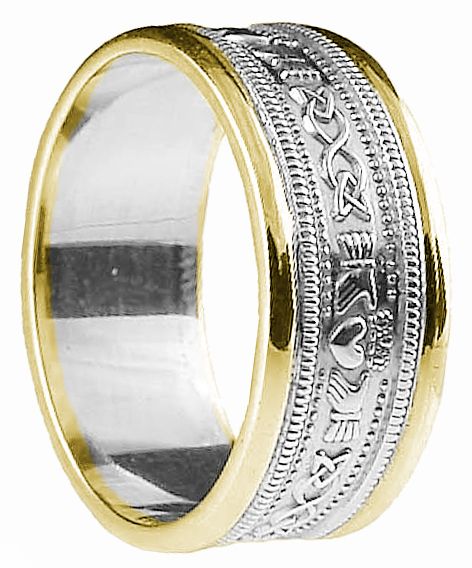 White & Yellow Gold Claddagh Celtic Wedding Band Ring unisex