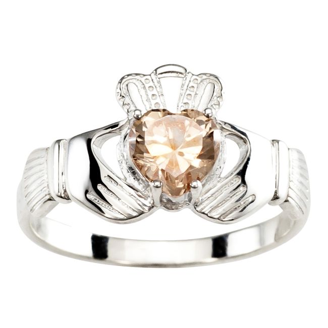 Ladies Champagne Stone Silver Claddagh Ring 