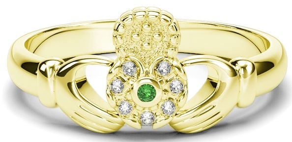 10K/14K/18K Gold Genuine Diamonds .035cts Genuine Emerald Claddagh Ring 