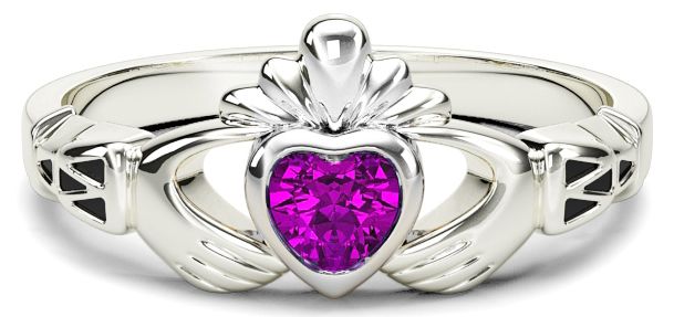 Ladies Pink Sapphire White Gold Claddagh Ring