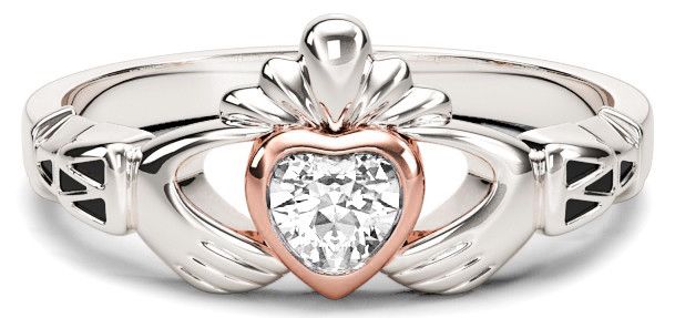 White & Rose Gold Diamond .25cts Claddagh Celtic Knot Ring - April Birthstone