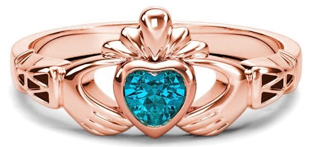 Rose Gold Aquamarine.25cts Claddagh Celtic Knot Ring - March Birthstone