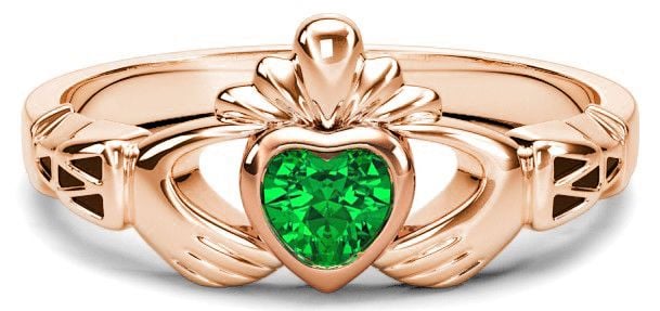 Rose Gold Genuine Emerald .25cts Claddagh Celtic Knot Ring - May Birthstone