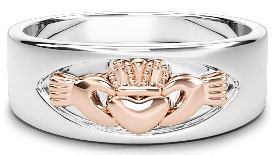 Silver & Rose Gold Claddagh Band Ring Unisex Mens Ladies