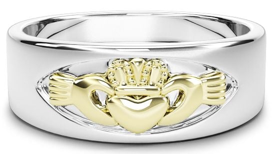 14K White & Yellow Gold coated Silver Claddagh Band Ring Unisex Mens Ladies