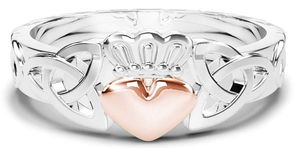 Ladies Silver & Solid Rose Gold Heart Claddagh Celtic Knot Ring