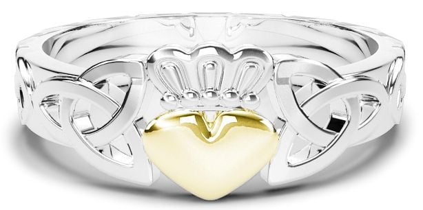 Ladies Silver & Solid Gold Heart Claddagh Celtic Knot Ring