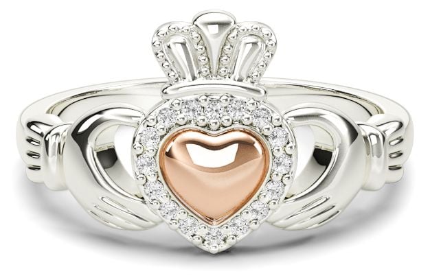 White & Rose Gold Diamond Claddagh Ring