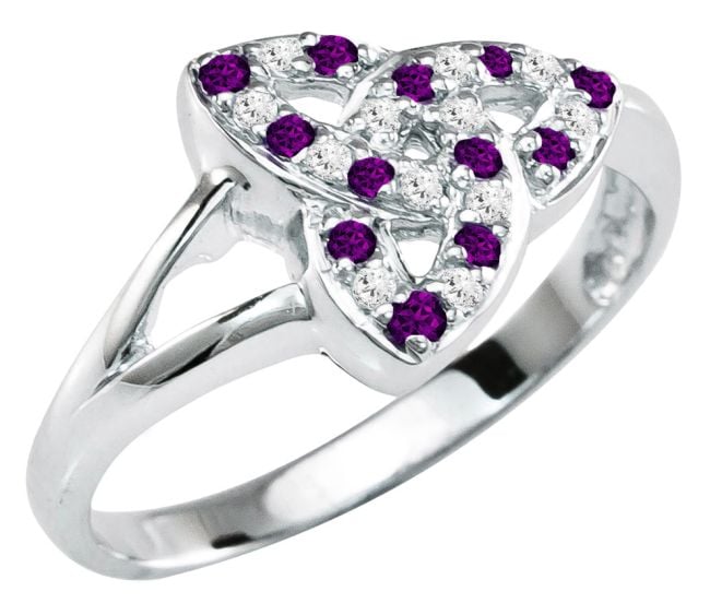 Ladies Amethyst Diamond Silver Celtic Trinity knot Ring 