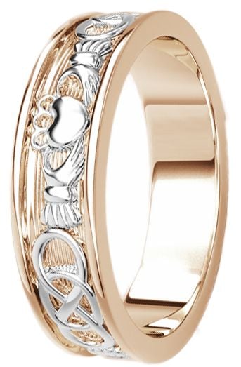 Rose & White Gold Celtic Claddagh Band Ring Mens