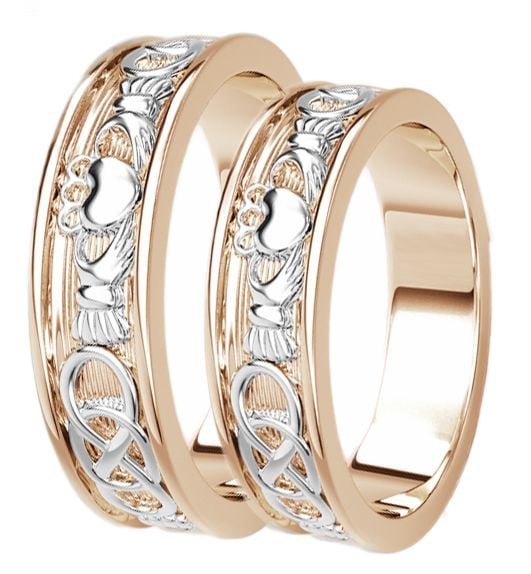 Rose & White Gold Celtic Claddagh Band Ring Set