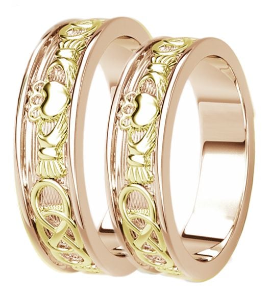 Rose & Yellow Gold Celtic Claddagh Band Ring Set