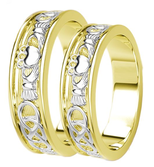 Yellow & White Gold Celtic Claddagh Band Ring Set