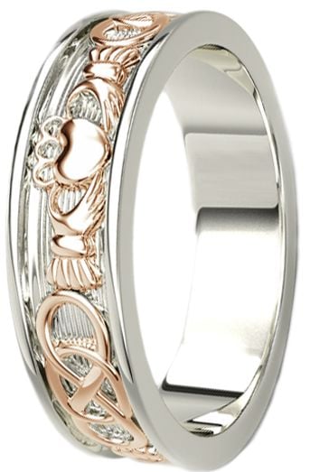 White & Rose Gold Celtic Claddagh Band Ring Mens