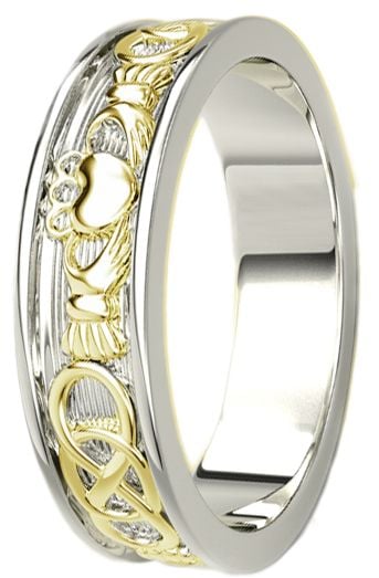 White & Yellow Gold Celtic Claddagh Band Ring Unisex Mens Ladies