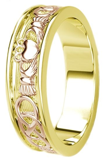 Yellow & Rose Gold Celtic Claddagh Band Ring Mens