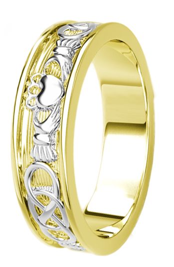 Yellow & White Gold Celtic Claddagh Band Ring Ladies