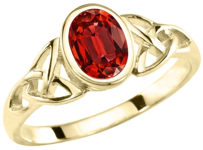 Ladies Garnet 14K Yellow Gold Silver Celtic Trinity knot Ring