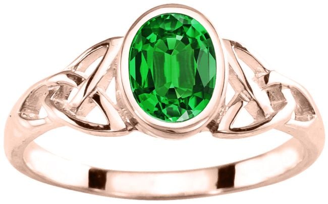 Ladies Emerald 14K Rose Gold Silver Celtic Trinity knot Ring -May Birthstone