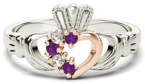 White and Rose Gold Natural Amethyst Diamond Claddagh Ring - February Birthstone