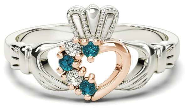 Silver & Solid Rose Gold Aquamarine Diamond Claddagh Ring - March Birthstone