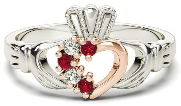 White and Rose Gold Natural Ruby Diamond Claddagh Ring - July Birthstone