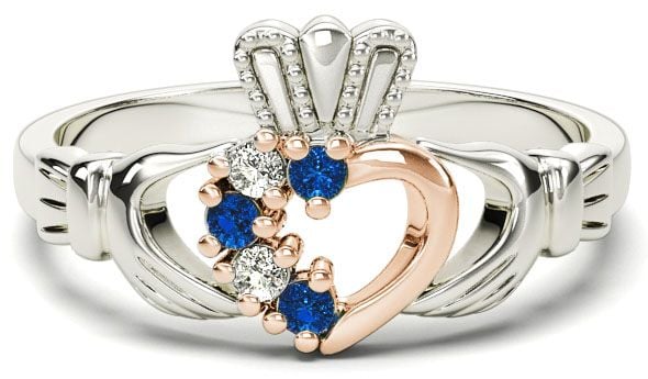 White and Rose Gold Natural Sapphire Diamond Claddagh Ring - September Birthstone