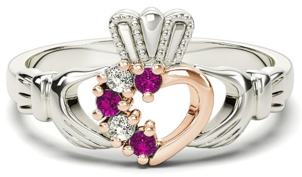 White and Rose Gold Natural Pink Sapphire Diamond Claddagh Ring - October Birthstone