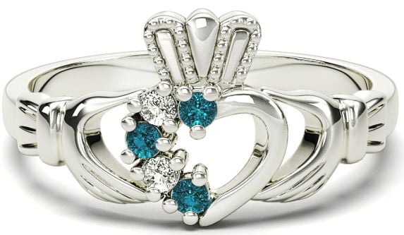 White Gold Aquamarine Natural Diamond Claddagh Ring - March Birthstone