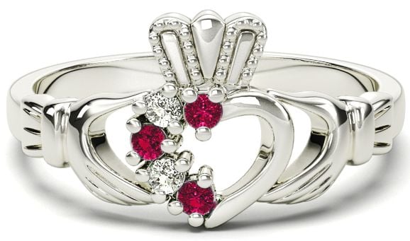 Ladies Garnet Diamond Silver Claddagh Ring - March Birthstone