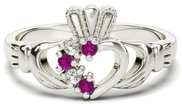 White Gold Tourmaline Natural Diamond Claddagh Ring - October Birthstone