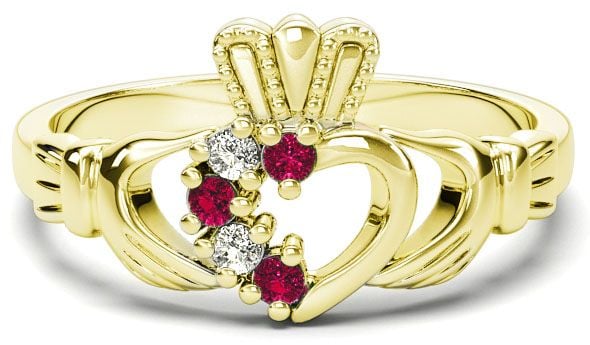 Gold Natural Red Garnet Diamond Claddagh Ring - January Birthstone