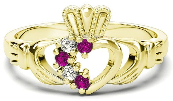 Gold Natural Pink Sapphire Diamond Claddagh Ring - October Birthstone