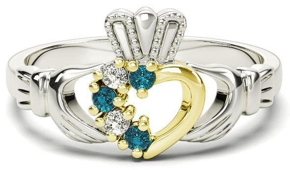 White and Yellow Gold Natural Aquamarine Diamond Claddagh Ring - March Birthstone