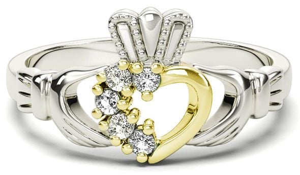 Silver & Solid Yellow Gold Diamond Claddagh Ring - April Birthstone