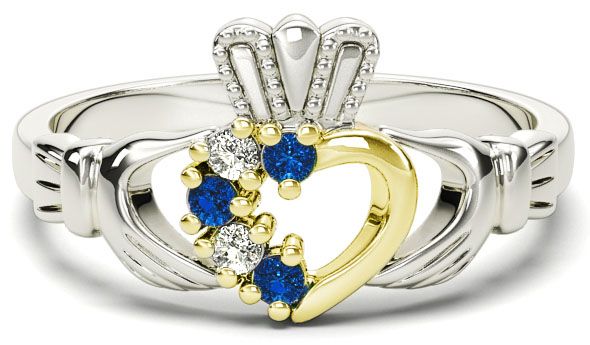 White and Yellow Gold Natural Sapphire Diamond Claddagh Ring - September Birthstone