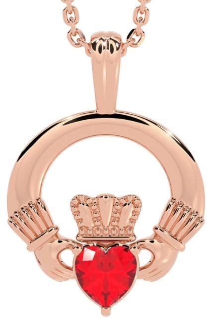 Rose Gold Ruby .18cts Irish Claddagh Pendant Necklace - July Birthstone