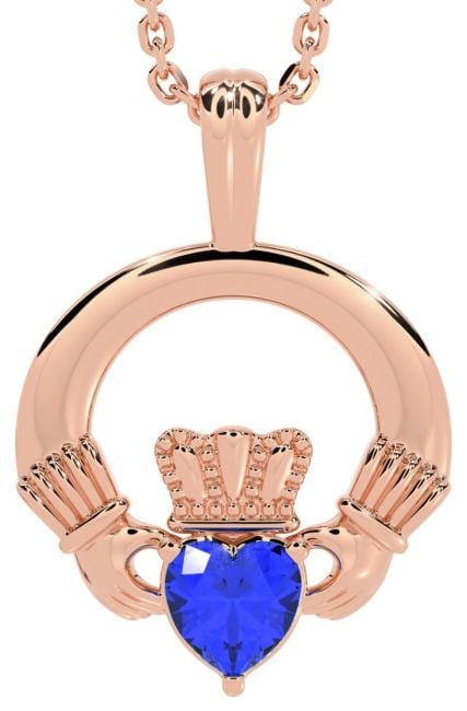 Rose Gold Sapphire .18cts Irish Claddagh Pendant Necklace - September Birthstone