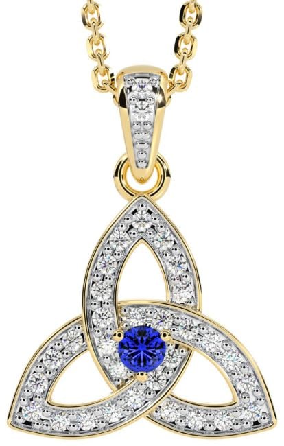 Yellow & White Gold Genuine Diamond .15cts Genuine Sapphire .10cts Celtic Knot Pendant Necklace