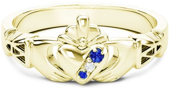 Gold Natural Blue Sapphire .035cts Natural Diamond .01cts Claddagh Celtic Knot Ring - September Birthstone