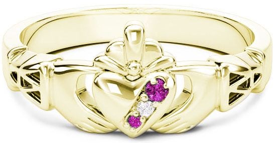 Gold Natural Pink Sapphire .035cts Natural Diamond .01cts Claddagh Celtic Knot Ring - October Birthstone